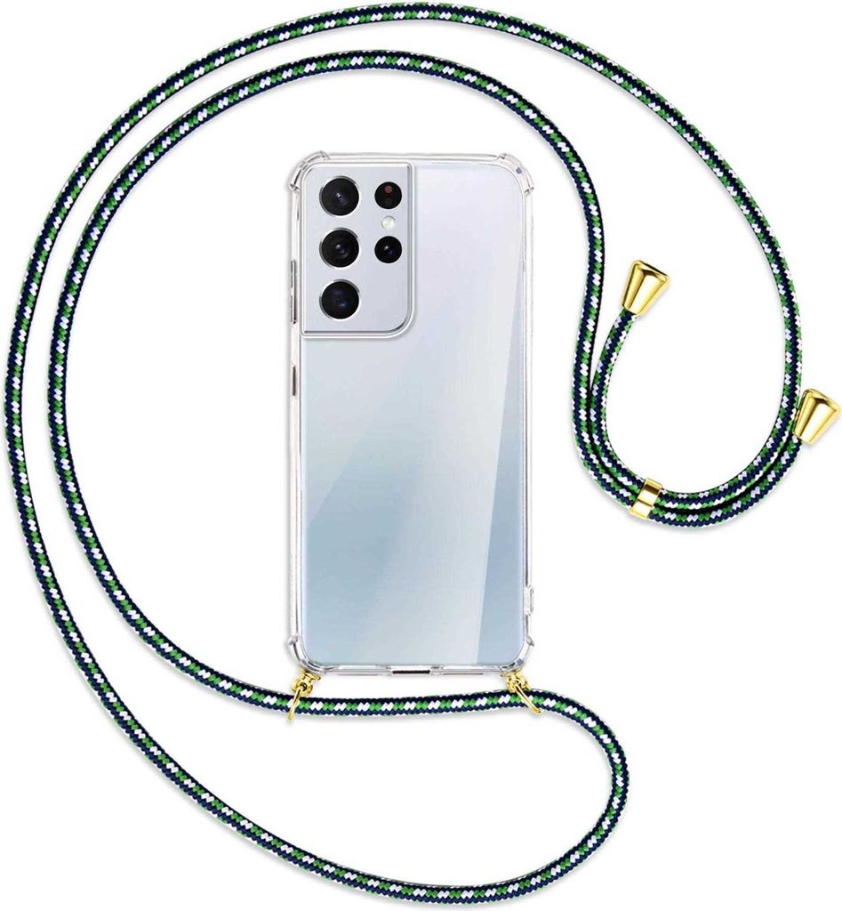 Handykette Backcover-Schutzhülle mit Band (Metall goldfarben) für Samsung Galaxy S21 Ultra 5G - grün/blau/weiß