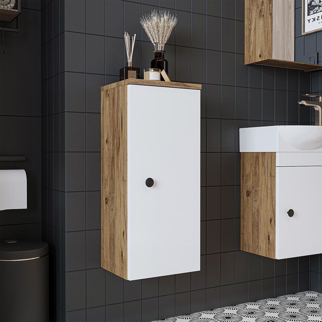 Roomart PUNTO Badmöbel - nur Hochschrank - H 70 x B 25 x T 30 cm - Weiß-Eiche