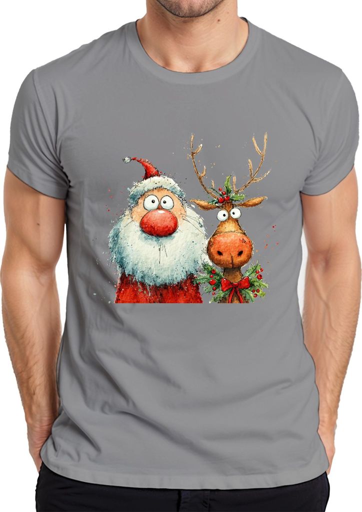 Lustiger Weihnachtsmann und Rentier Aquarell Weihnachten Geschenk Herren T-Shirt, Grau, M