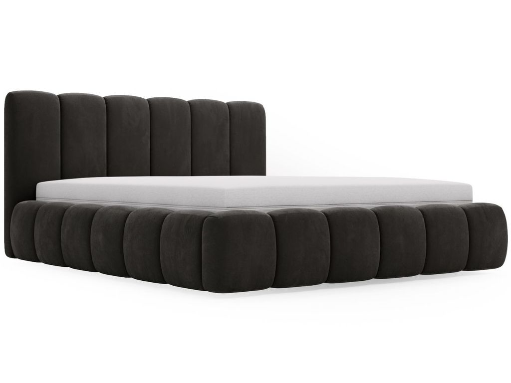 A dark gray upholstered bed frame with a mattress, shown from a side angle against a white background.