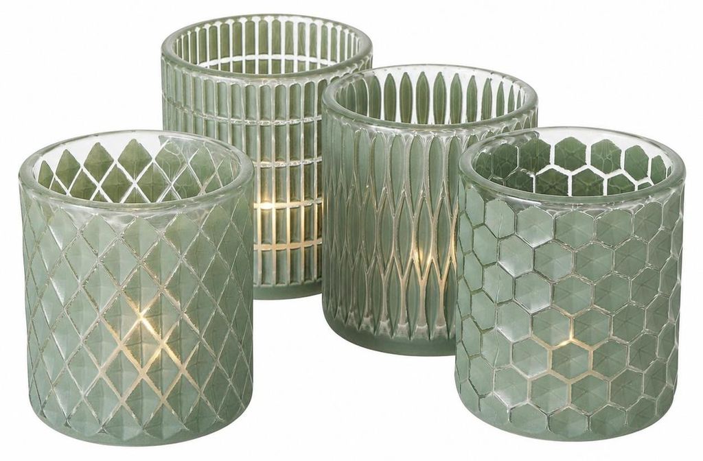 Boltze Windlicht Set Grün Glas 4-teilig gemustert Produktbild 