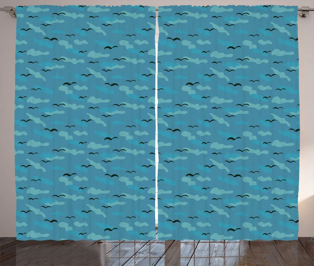 Habillage Fenêtre Prêt à Poser 280x225 cm Rideau Mouettes Bleu et Blanc