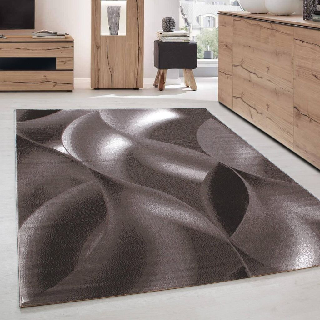 Moderner abstrakter Wohnzimmerteppich, optische Wellenschatten, Braun-Beige 80 x 300 cm