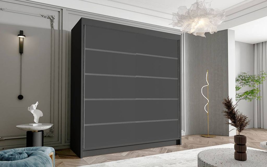 Schwebetürenschrank 2-türig Schrank 180 cm mit Regalen Moderne Kleiderschrank Garderobe für Kleidung Modell HEKTOR IV SCHWARZ / WEISS