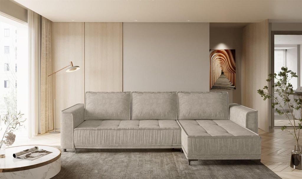 Ecksofa Schlafsofa Sofa JUNA Stoff Terra Beige Ottomane Rechts