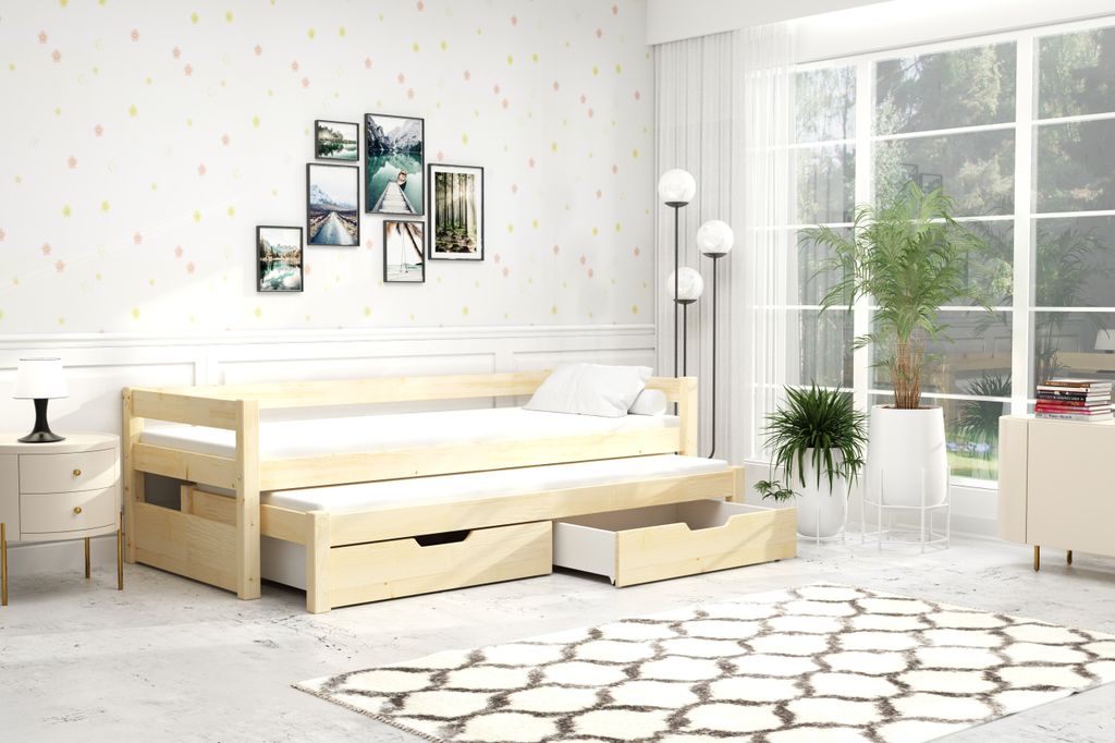 thematys Jugendbett Kinderbett mit abnehmbaren Rausfallschutz und Ausziehbett 2 Schubladen 90x200cm inkl. 2 Matratzen Natur Kinderbett aus Kiefernholz