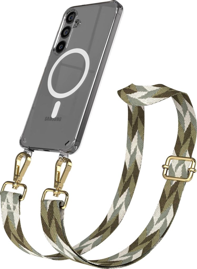 EAZY CASE - Handykette mit MagSafe Hülle für Samsung Galaxy S24 Plus, Handyband Mix Style, Karabiner Gold, Umhängeband in Grün