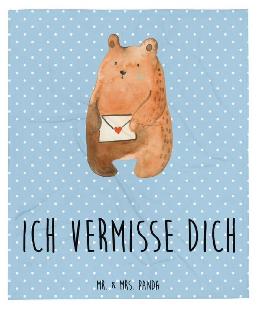 Mr. & Mrs. Panda Tagesdecke Bär Vermissen - Blau Pastell - Geschenk, Bettüberwurf, Decke, Reise, Freund, Bettdecke, Kuscheldecke, Unglücklich Ve...