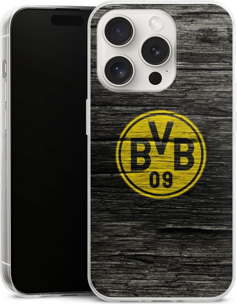 DeinDesign Slim Hülle für Apple iPhone 15 Pro Silikon Case Ultra Dünn Handyhülle BVB Borussia Dortmund Holzoptik