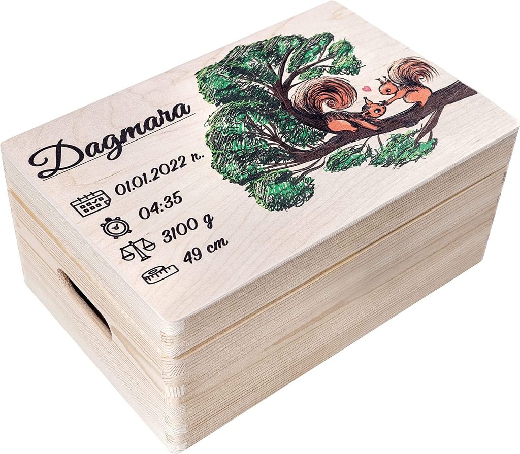 Creative Deco Erinnerungsbox Baby Holzkiste Personalisiert | 30 x 20 x 14 cm (+/-1cm) | Eichhörnchen Motiv für Geburt & Taufe | Groß Natur Gesch...