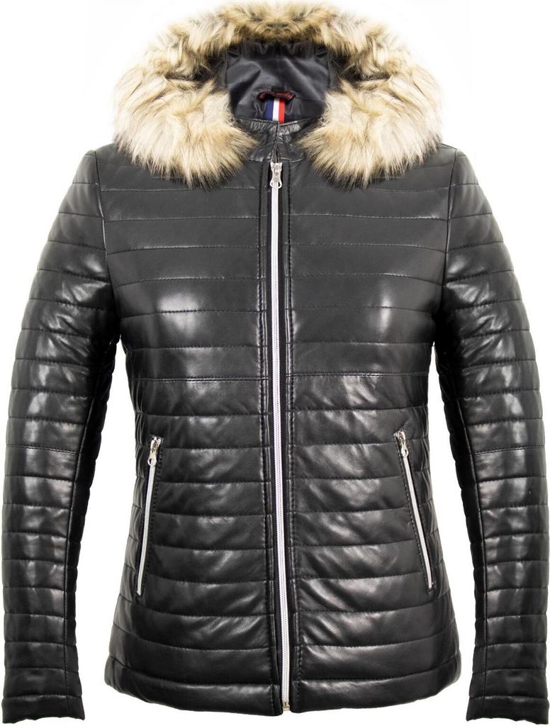 Damen Stepp Lederjacke mit Fell Kapuze aus echtem Schafsleder Slim Fit Gesteppt(XL,Schwarz)