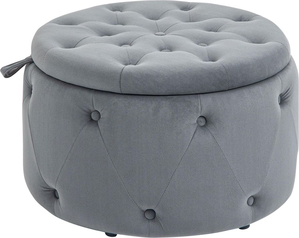 Grauer Samt Hocker Rund Mit Staufach – Steppdesign Mit Knöpfen, 60x60x40cm, Sitzhocker Mit Stauraum