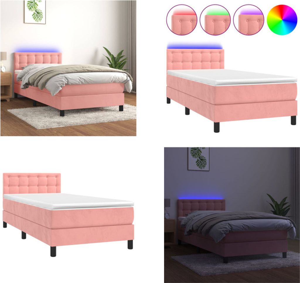 vidaXL Boxspringbett mit Matratze & LED Rosa 100x200 cm Samt - Boxspringbett - Boxspringbetten - Bett - Schlafzimmermöbel