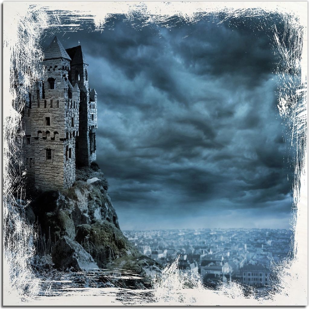 Kunstdrucke Wandbilder Holz in : Brillante Farben, Größe 50 x 50 cm Motiv Altes Geisterschloss