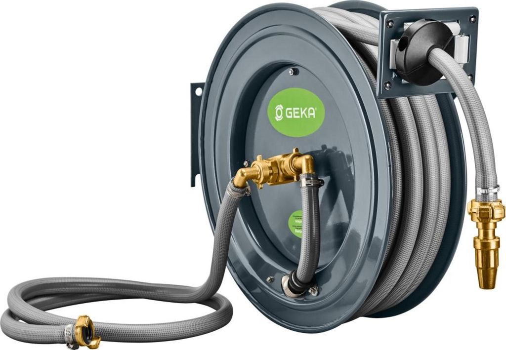 A wall-mounted hose reel with a gray hose and brass fittings.
