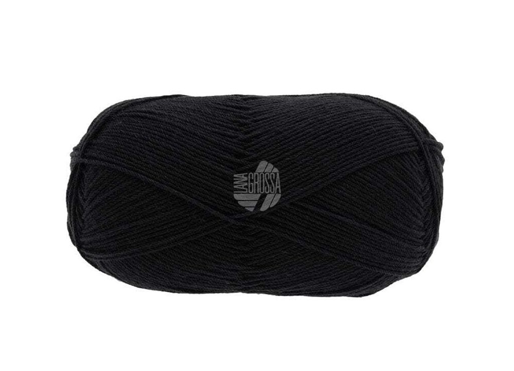 A ball of black yarn on a white background.