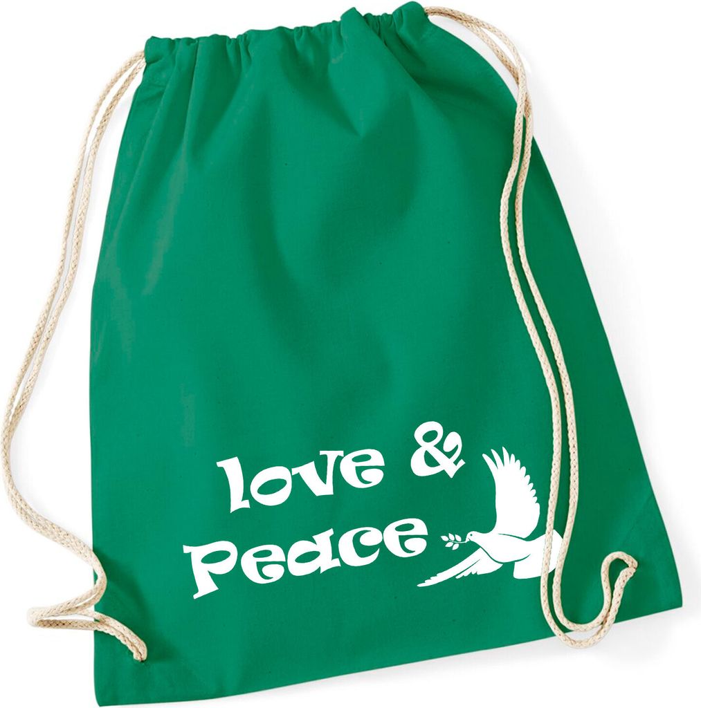 Huuraa Turnbeutel Love & Peace 12 Liter Kelly Green Baumwolle Rucksack Geschenkidee
