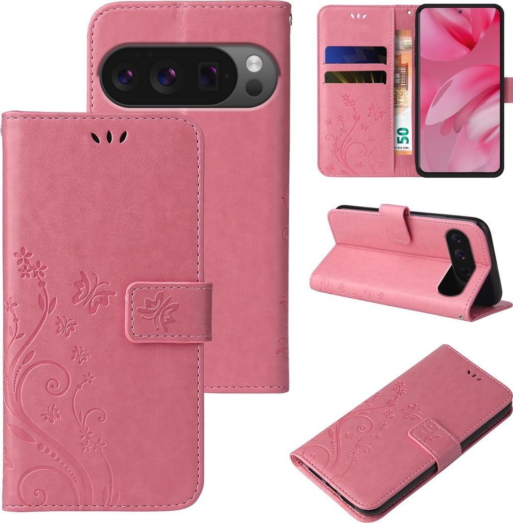 Handyhülle für Google Pixel 10 Pro XL Floral Blumen Schmetterling Flip Cover Hülle Case Klapphülle Handytasche Farbe: Rosegold