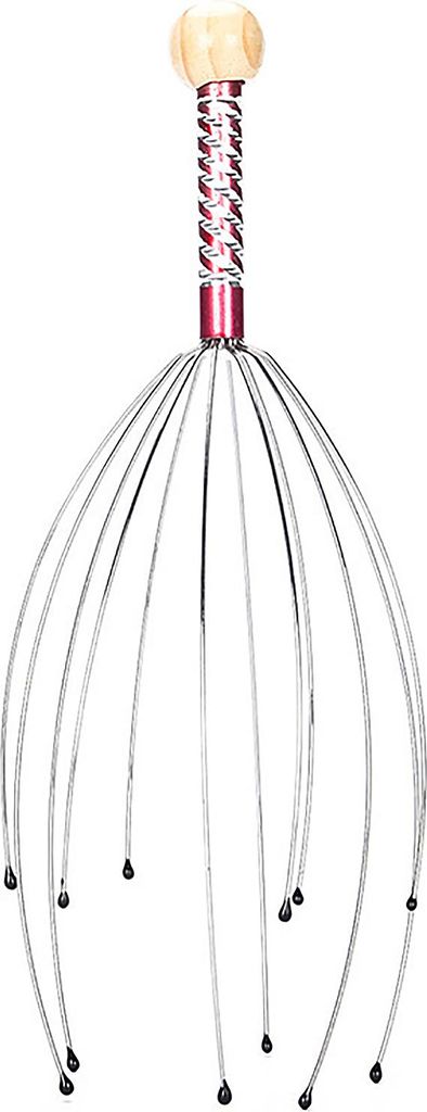 Kopfmassage-Gerät - Rot, Octopus-Design, 23x13cm, Edelstahl & Holz - Für Stressabbau, Akupressur & Wellness