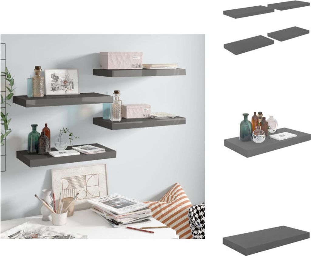 vidaXL Schweberegale 4 Stk. Hochglanz-Grau 50x23x3,8 cm MDF - Wandregale