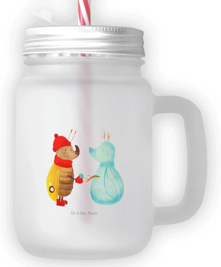 Mr. & Mrs. Panda Trinkglas Nachtfalter Schneemann - Transparent - Geschenk, Weihnachtsgruß, Winter, Cocktailglas, Weihnachten, Glas Mit Schraubdec...