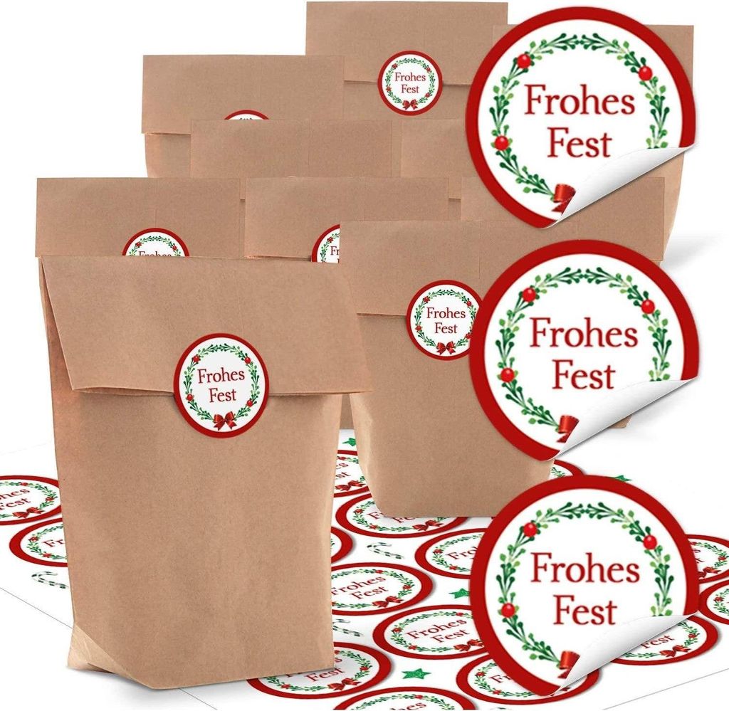 24 kleine natürliche braune Papier-Tüten natur Kraftpapier 14 x 22 x 5,6 cm + 1 bis 24 Zahlen weihnachtliche Aufkleber STERNE beige schwarz weiß...
