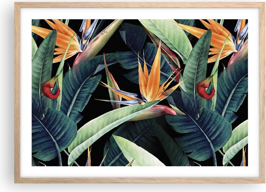 Gerahmtes Poster - Rahmen in heller Eiche - Pflanze Tropisch Blume - 70x50 cm - Wand Bild - Wanddeko - Wandbilder - Kunstposter - Wandposter - Bild...