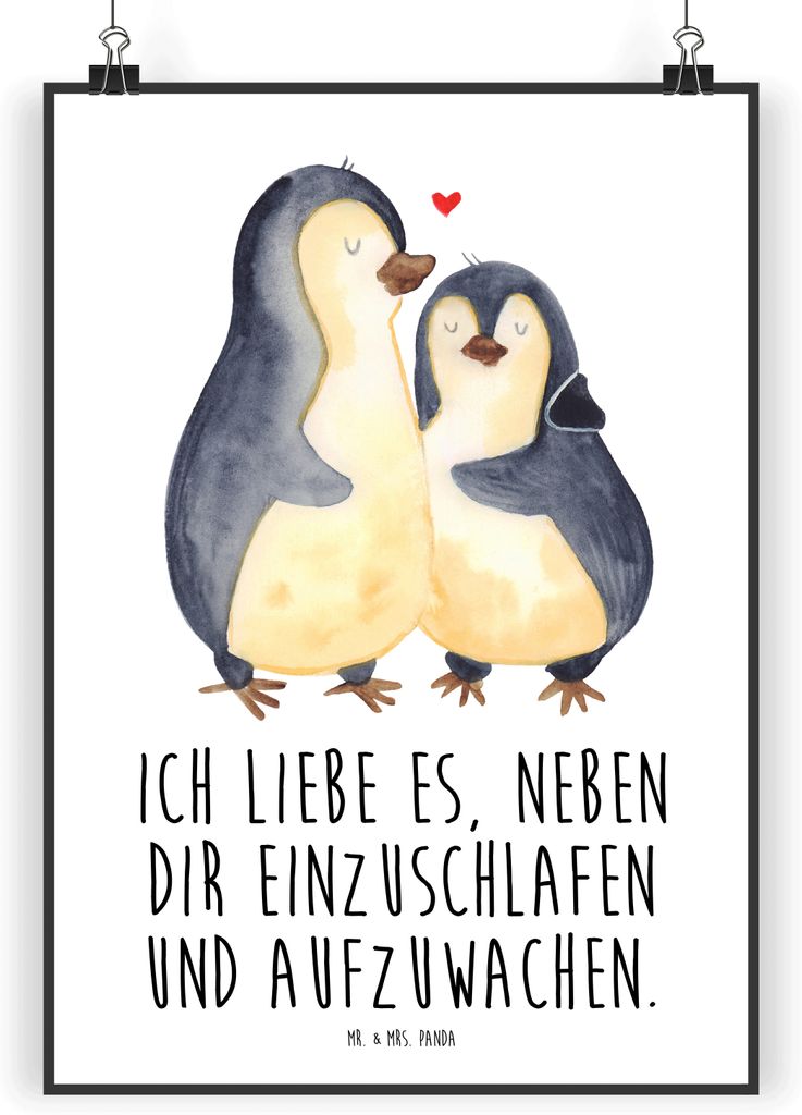 Mr. & Mrs. Panda Bild Pinguine Einschlafen DIN A3 - Weiß - Geschenk, Freundin, für Frauen, Hochzeitstag, Valentinstag, Mitbringsel, Kunstdruck, d...