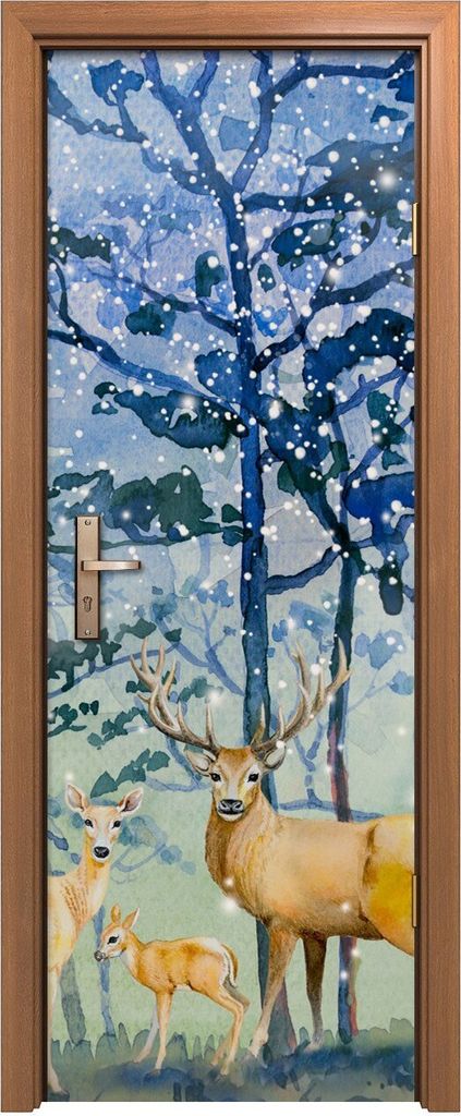 Türposter 70x200 cm Türaufkleber Türtapete Türfolie Klebefolie Schneefälle Wald Winter Tier Hirsche