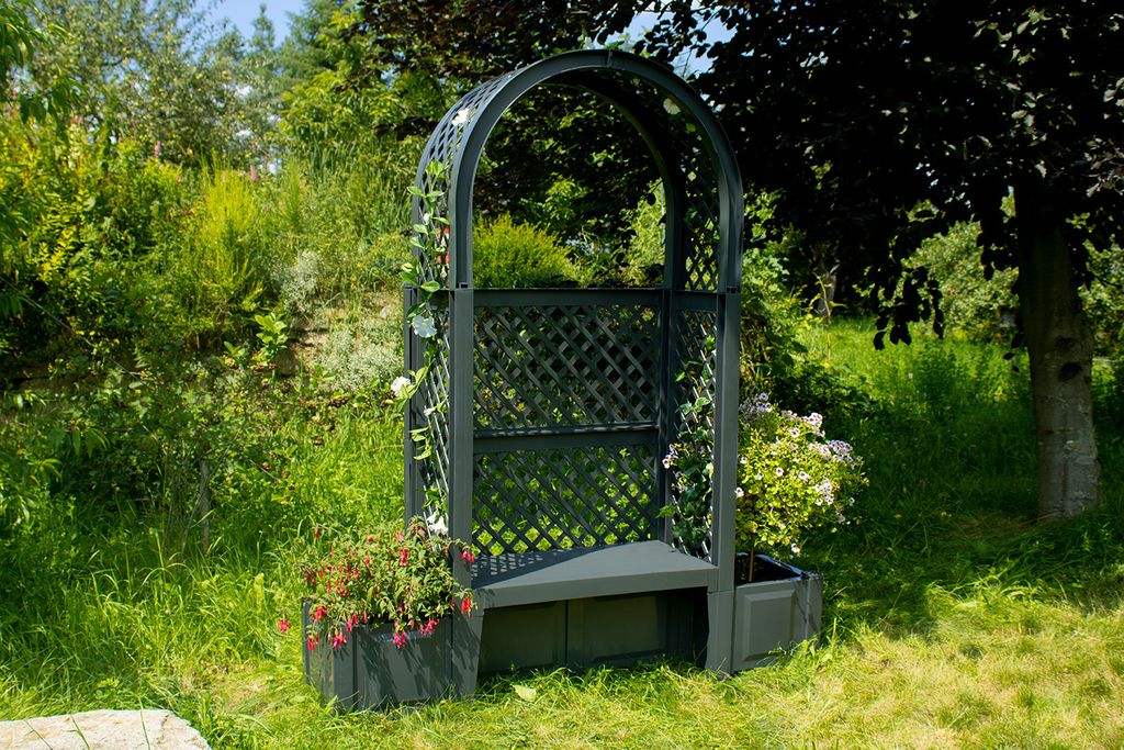 KHW Gartenbank "Amsterdam" mit zwei Pflanzkästen, Rosenbogen und Spalier aus hochwertigem Kunststoff, UV-/wetterbeständig, 174x49xH207 cm. Anthra...