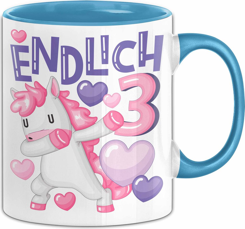 3. Geburtstag Geschenk Tasse Becher Mädchen Einhorn Geburtstagsgeschenk Tochter Endlich 3 (Blau)