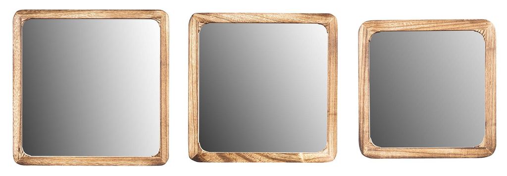 3er Set Wandspiegel 25cm 30cm 35cm Holz Natur Braun Spiegel Quadratisch Wanddeko Flurspiegel Deko Holzspiegel