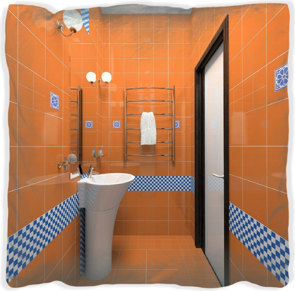 Wallario Premium Kissen, weiche Oberfläche, mit Motiv Modernes Badezimmer in orange mit blauen Fliesen, Größe: 30 x 30 cm, mit weißer Rückseite
