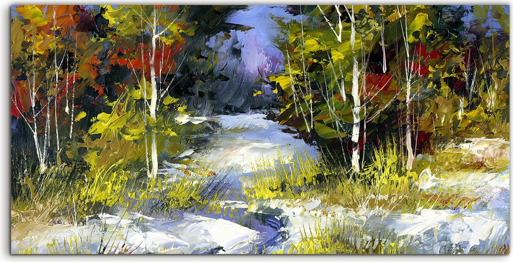 Coloray Acrylbild 100x50 Wandbild Acrylbilder Deko Waldbachbäume Winter Landschaft