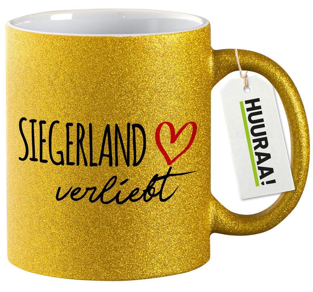 Huuraa Glitzertasse Siegerland verliebt 330ml Gold Keramik Produktbild 