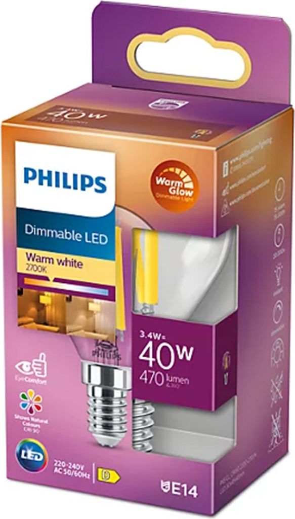 Philips Filament-Kerzenlampe, P45 E14, transparent, 40 W, Produktbild 