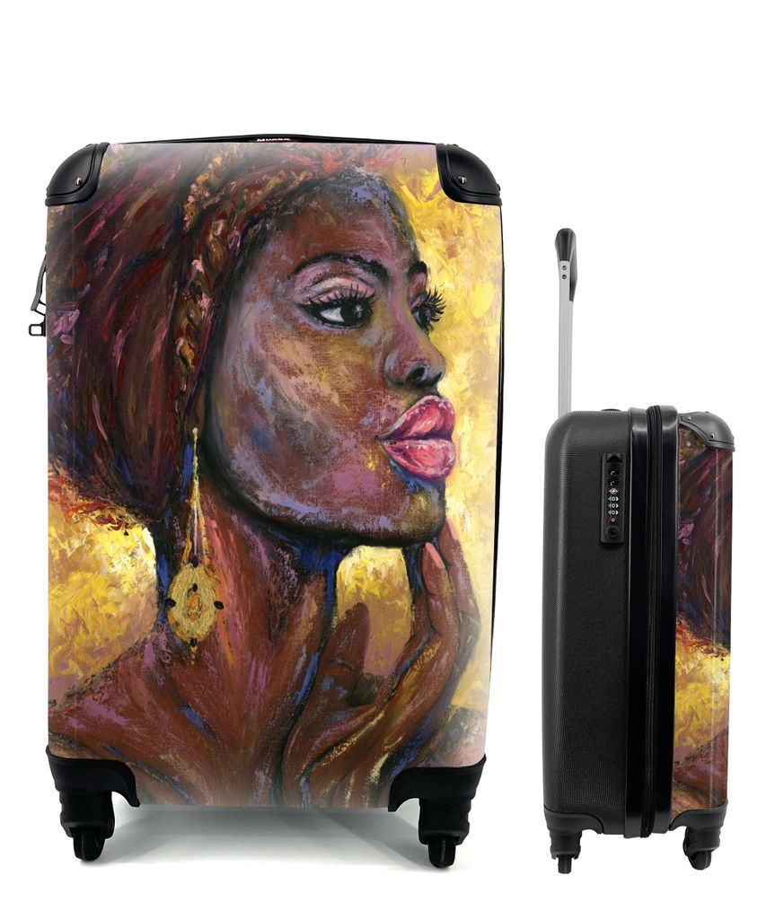 MuchoWow Koffer Handgepäck Trolley Rollkoffer Kleine Reisekoffer mit 4 Rollen - Gemälde - Ölgemälde - Gold - Frau - Cabin Size < 55x40x23 cm ...