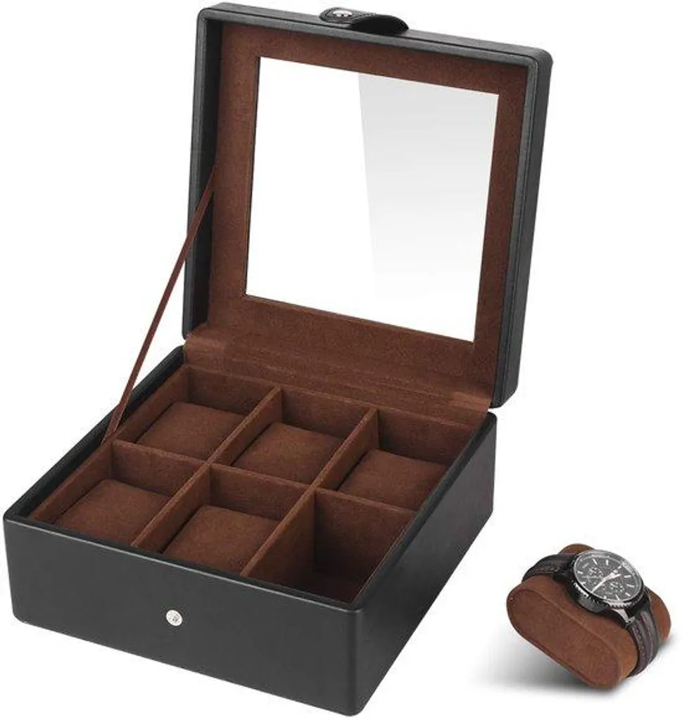 Présentoir montres en cuir noir, couvercle vitré et 6 fentes de stockage