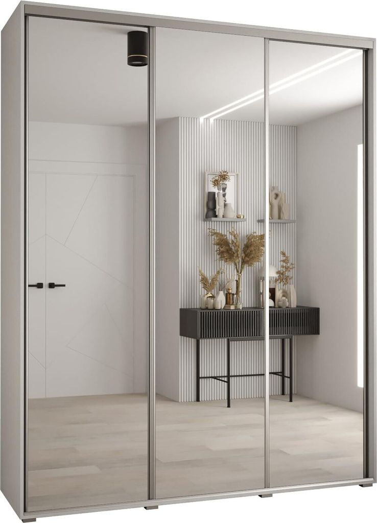 MEBLE KRYSPOL Cannes 2 Schrank mit 3 Schiebetüren - 205,2x190x45 cm - Weiß Weiß Silber