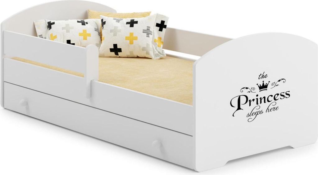 Kinderbett LUK 140x70 cm mit Schublade und Schutzbarriere – Prinzessin Motiv, Weiß, inklusive Schaummatratze und Montageanleitung – Ideal für...