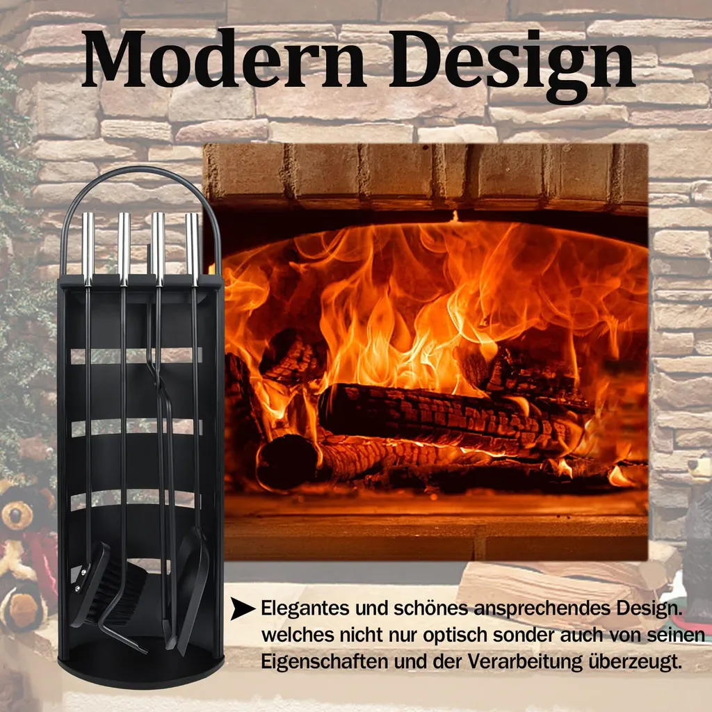 Kit Accessoires Cheminée Moderne 5 Pièces avec Support en Acier Noir