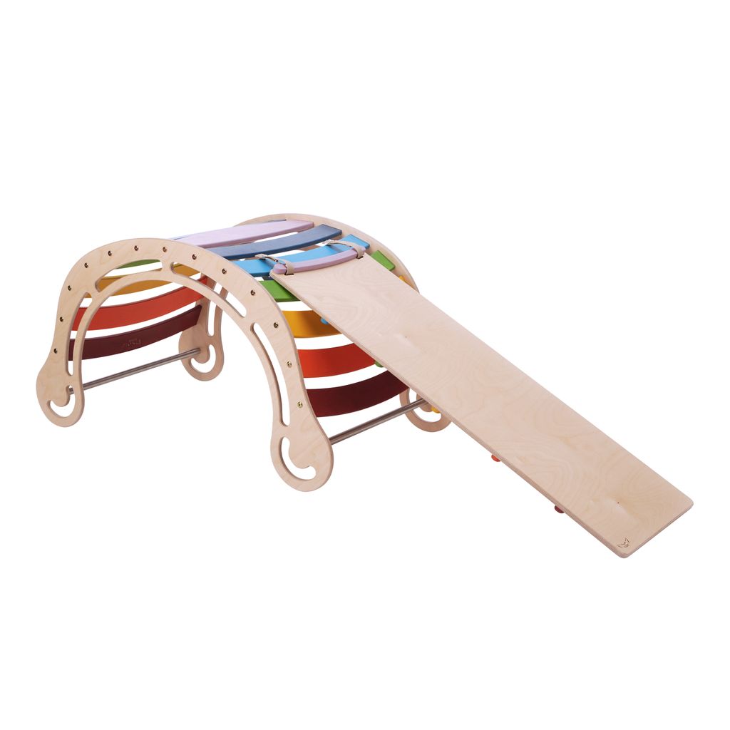 KateHaa XXL-Wippe Kletterbogen aus Holz mit Kletterwand Regenbogenfarben | Indoor Kletterbogen / Klettergerüst für Kinder | Montessori Spielzeug