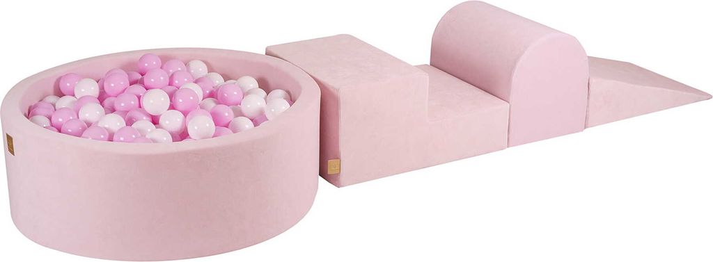 MeowBaby Spielplatz aus Schaumstoff 3-Element Schaumspielset mit Runde Bällebad, 200 Bälle, Samt, Puderrosa: Weiss/Pastellrosa