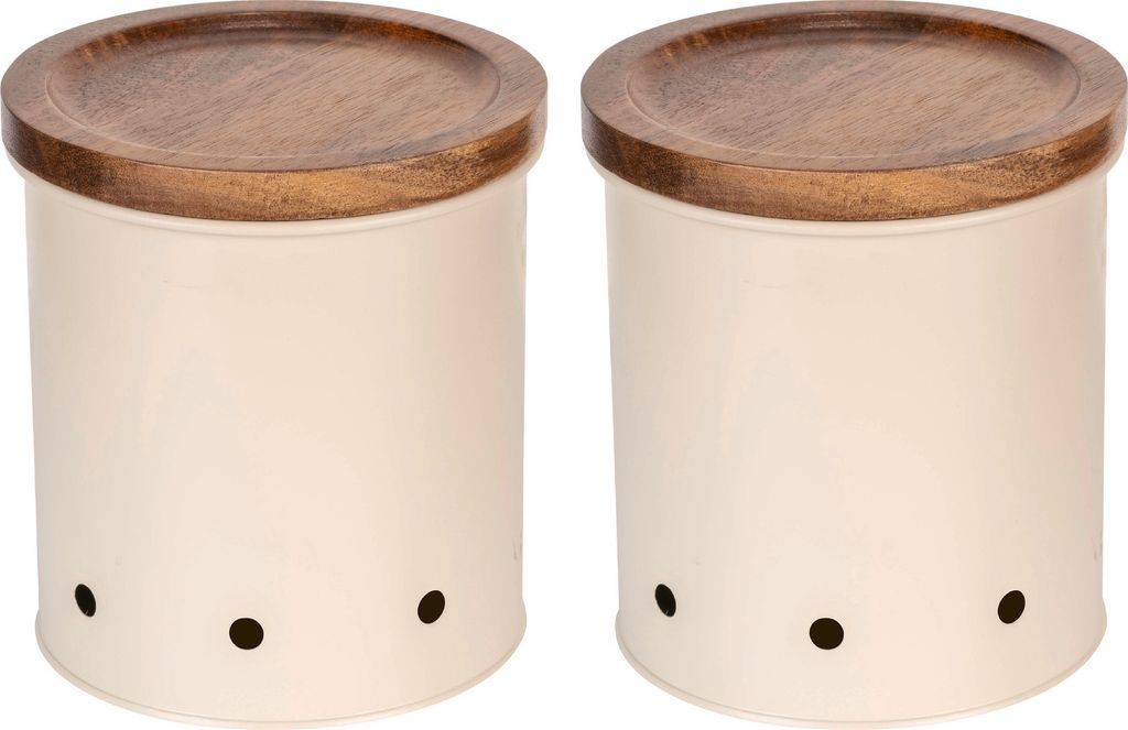 Two cream-colored storage canisters with dark brown wooden lids are shown side-by-side against a white background.