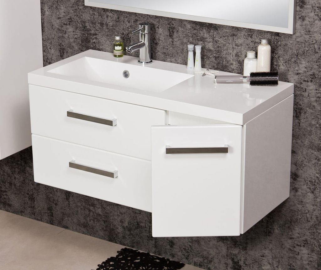 Quentis Badmöbel Genua, Breite 90 cm, 2 Schubladen, weiß glänzend, Waschbeckenunterschrank montiert
