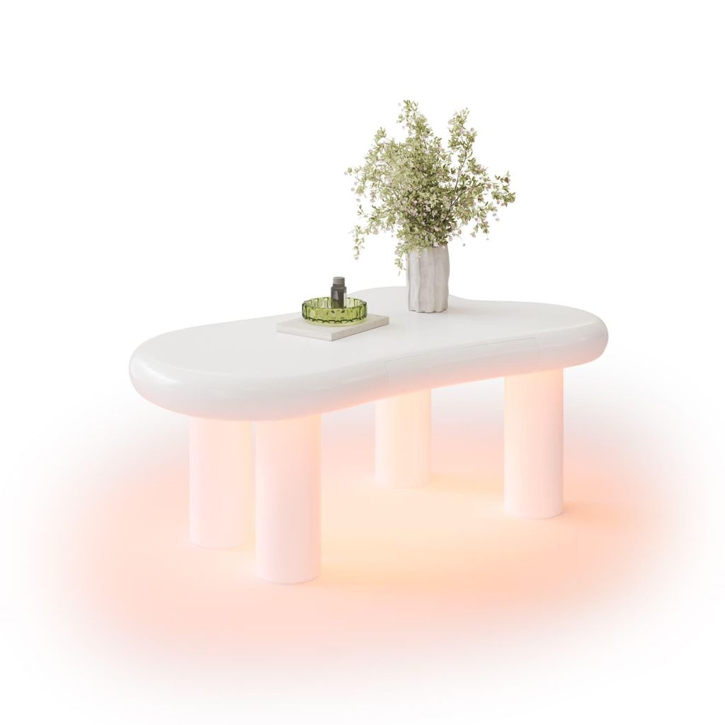 Couchtisch(Weiß) in Cloud-Form aus MDF mit 16-farbiger LED-Beleuchtung & Schublade – Moderner Wohnzimmertisch, mit Stauraum