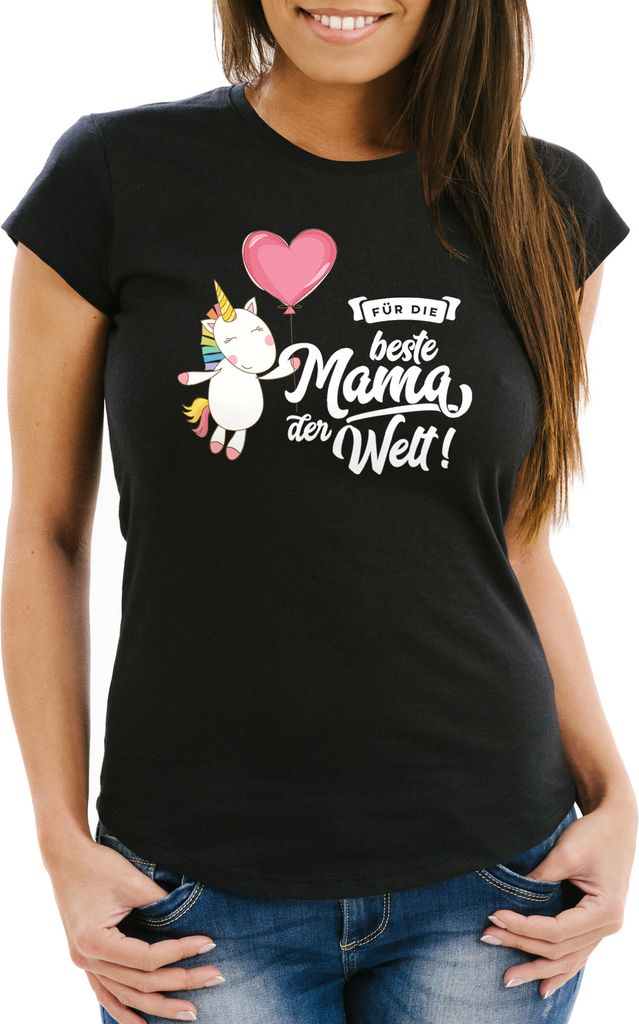 Damen T-Shirt Einhorn Muttertag Beste Mama der Welt Unicorn Mother`s Day Slim Fit Moonworks schwarz XXL