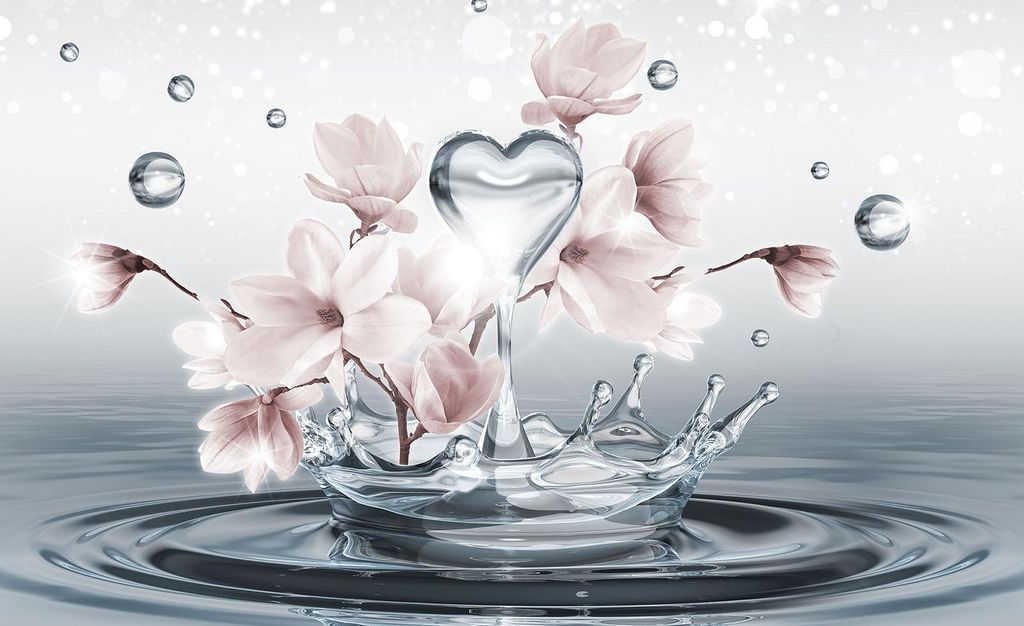 Vlies Fototapete Blumen 3D Magnolie Wasser (254x184cm - 2 Bahnen) Herz Abstrakt Wohnzimmer Schlafzimmer Wandtapete Modern Tapete Latexdruck UV-Best...
