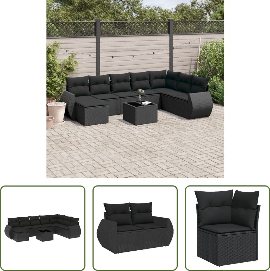 The Living Store 9-tlg. Garten-Sofagarnitur mit Kissen Schwarz Poly Rattan