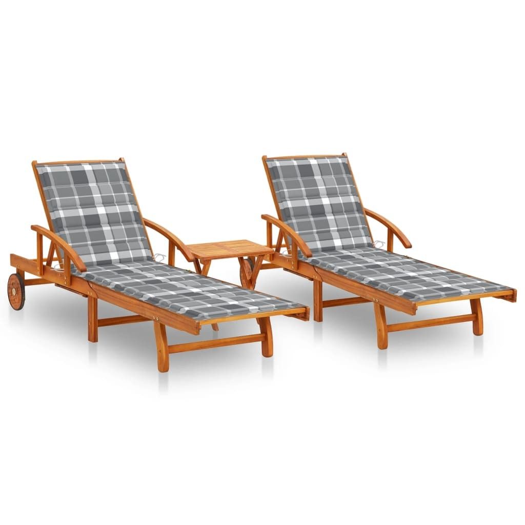 The Living Store Sonnenliegen 2 Stk. mit Tisch und Auflagen Massivholz Akazie